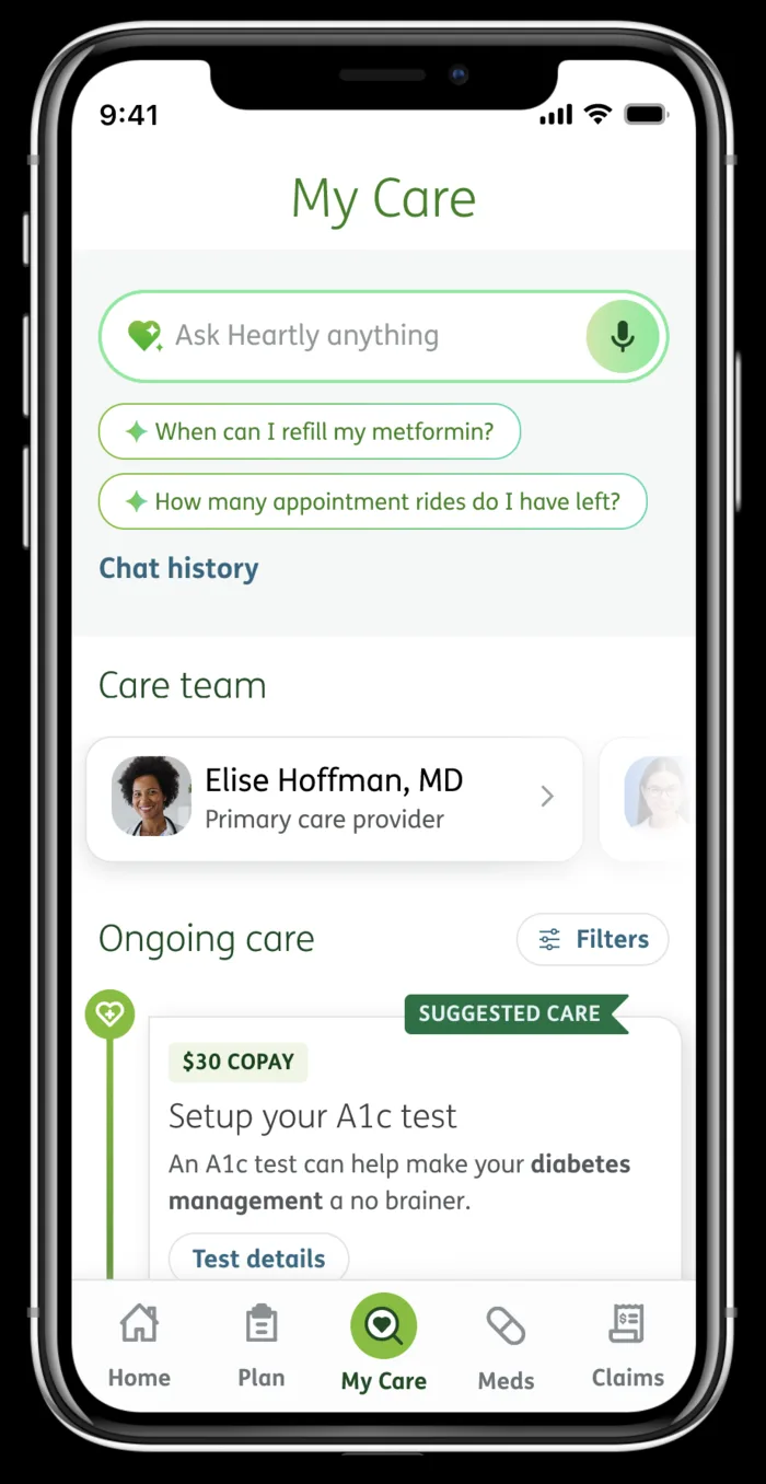Healthy Outcomes mobile concept showing care needs and suggested actions