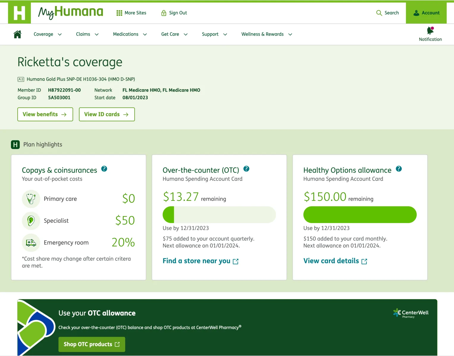 MyHumana plan page using the Plan Highlights pattern